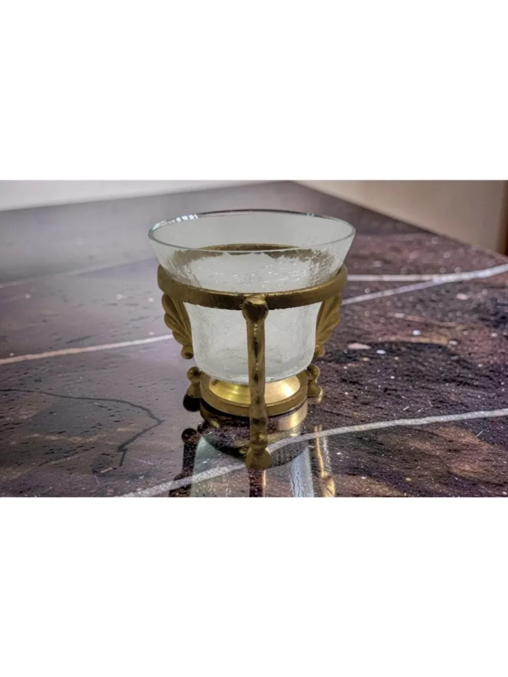 vintage gold color metal leaf design 3-leg crackled glass candle holder. 5.5
